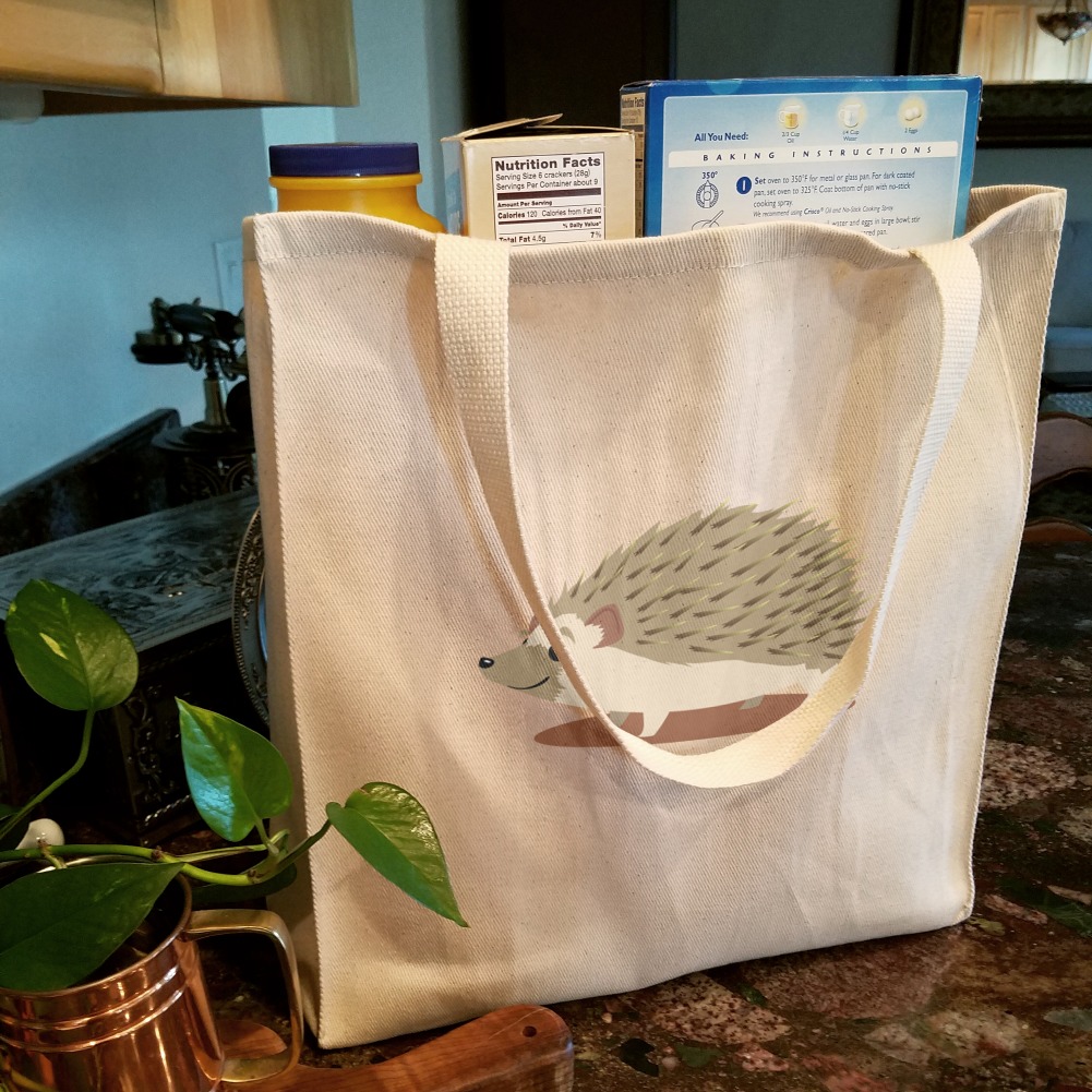 Hedgehog on Green Grocery Travel Reusable Tote Bag 